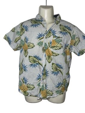 Brave Soul White and Blue Striped Pineapple Camp Shirt